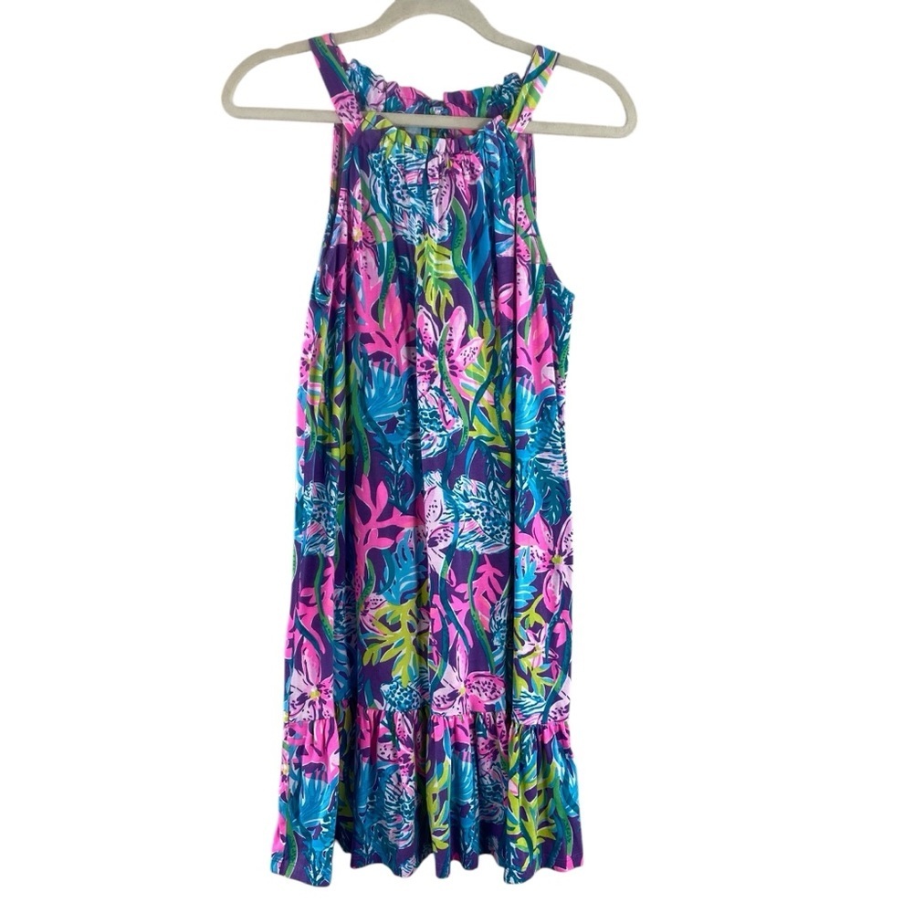 Lilly Pulitzer Saira Supima Cotton Jersey Halter Tie Neckline Ruffle Hem Dress S